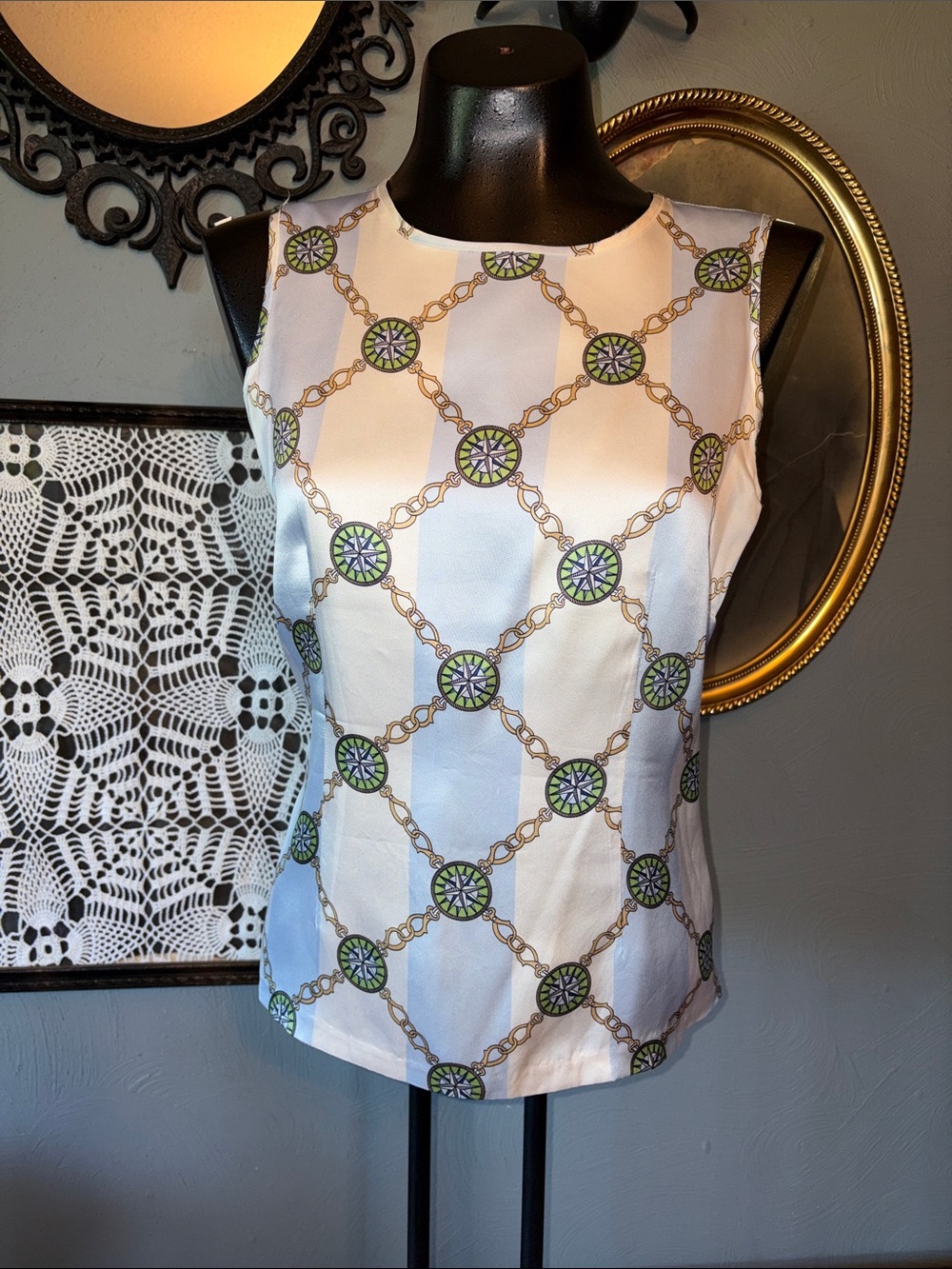 Tommy Hilfiger Cream Sleeveless Chain-Print Camisole with Green Accents